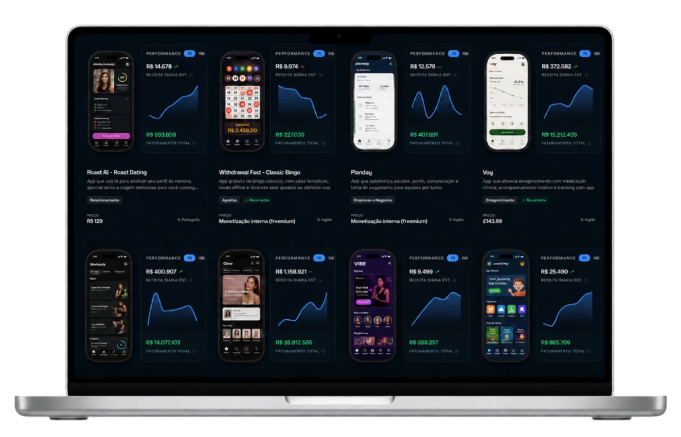 Real Spy Nation interface — app offers and creatives with performance and revenue